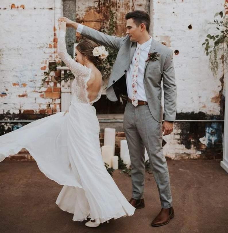 A Line Boho Lace Long Sleeves Open Back Rustic Wedding Dresses (ZD16224)