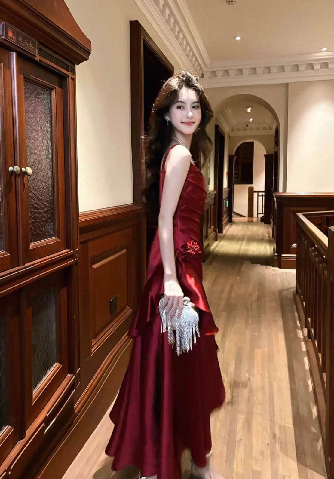 A Line Burgundy Long Prom Dress Ruffle Elegant Evening Dress J8617