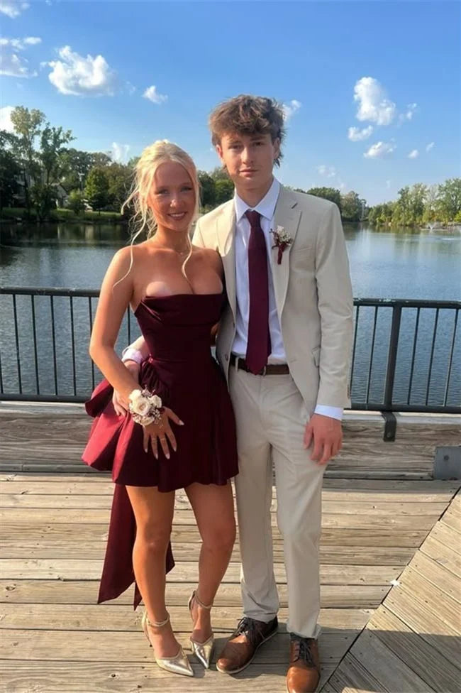 A-Line Burgundy Satin Short Homecoming Dress Birthday Dress With Bow Knot