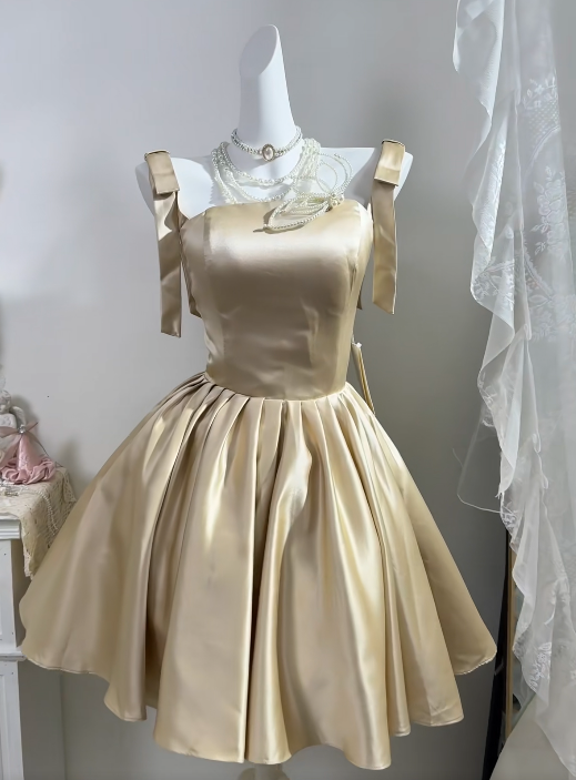 A-Line Champagne Satin Homecoming Dress Short Birthday Outfit
