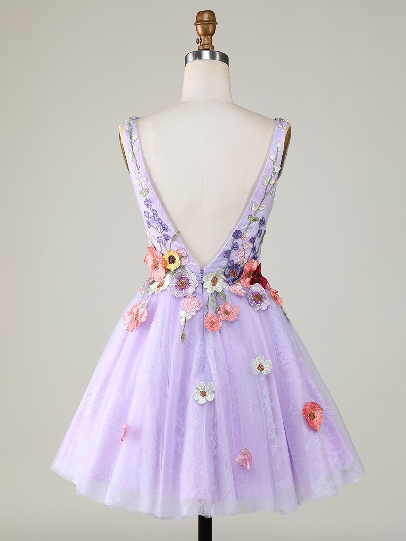 A-Line Lilac V Neck Backless Short Homecoming Dress with 3D Flowers - Fashionpara