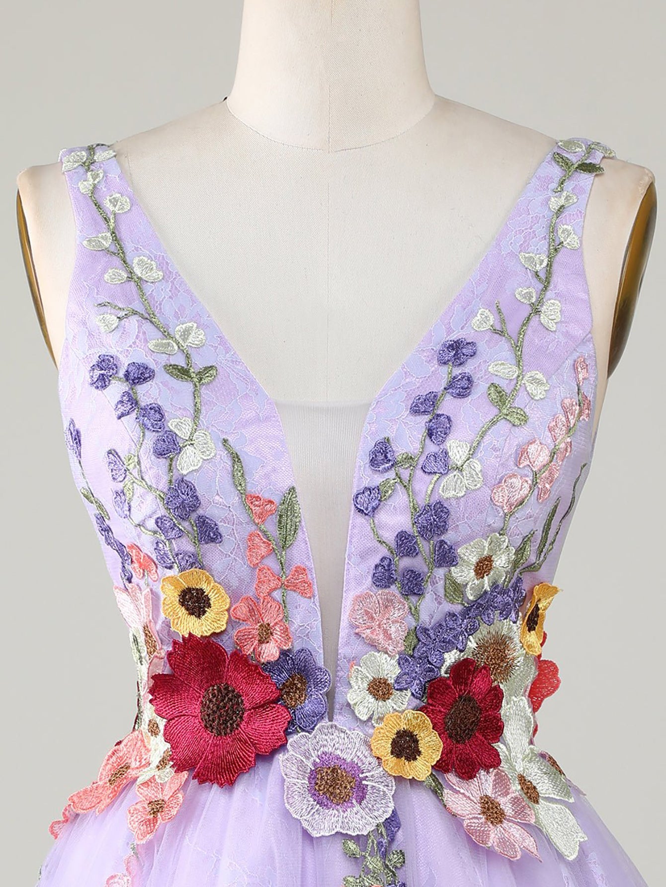A-Line Lilac V Neck Backless Short Homecoming Dress with 3D Flowers - Fashionpara