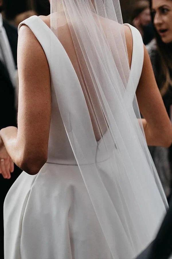 A Line Deep V Neck Open Back White Long Wedding Dresses Bridal Gown (ZD16388)
