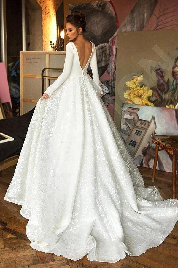 A Line Elegant Long Sleeves V Neck Beach Wedding Dress Bridal Gown (ZD16246)