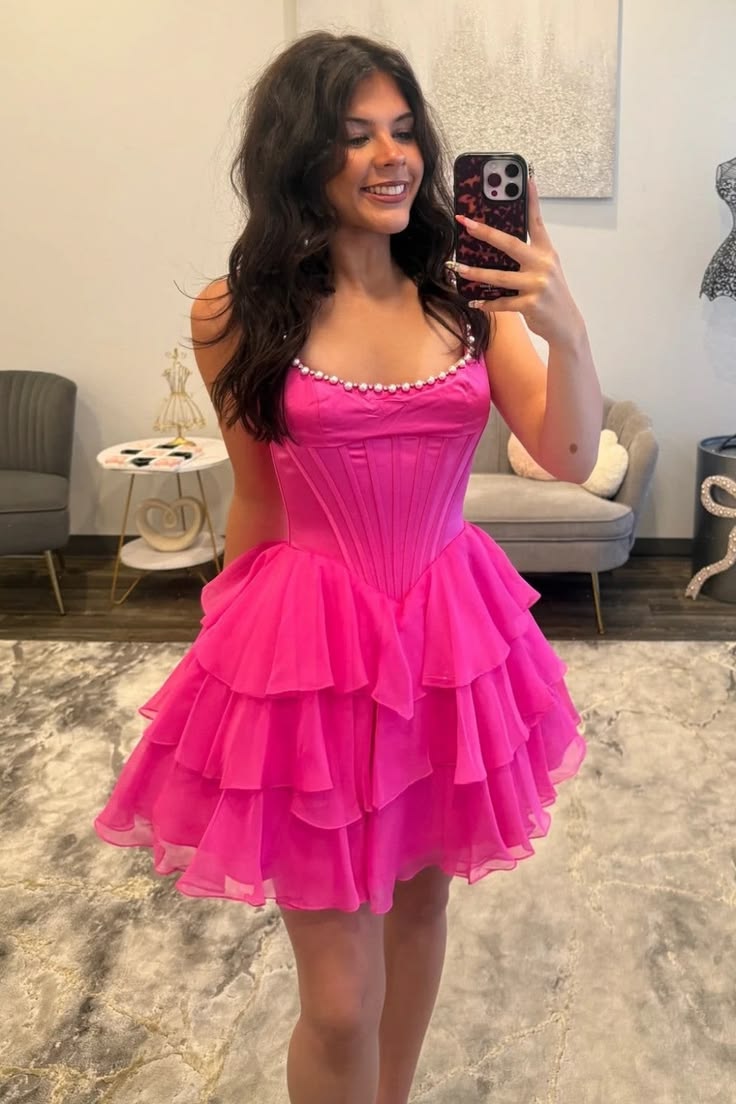 A-Line Hot Pink Layered Homecoming Dress Ruffled Short Party Dress