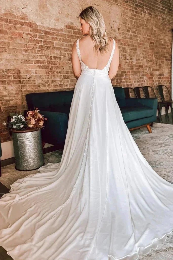 A Line Ivory Floral Lace Open Back Long Wedding Dresses (ZD16138)