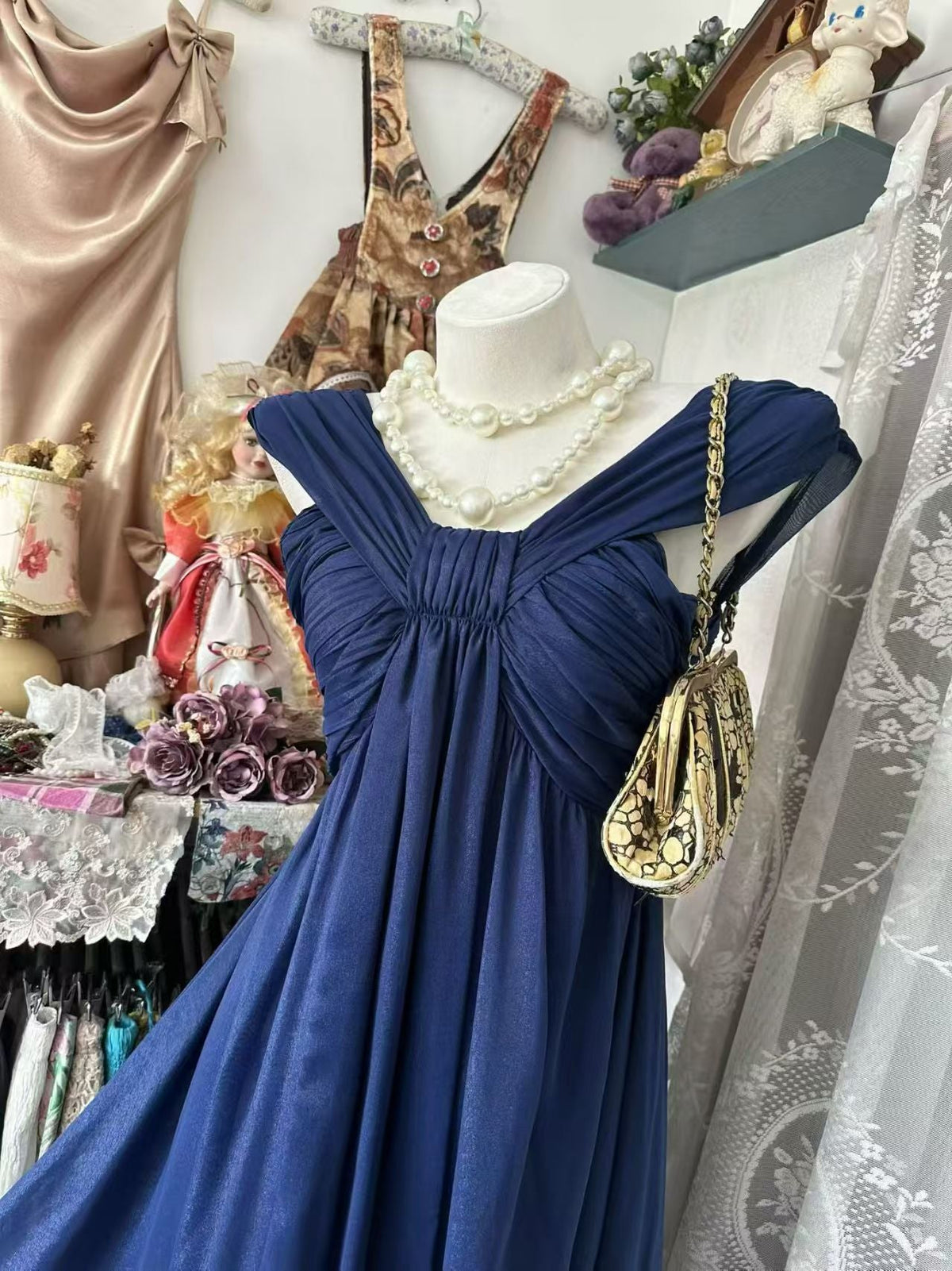 A Line Navy Blue Wedding Guest Dress Retro Evening Dress  J10850