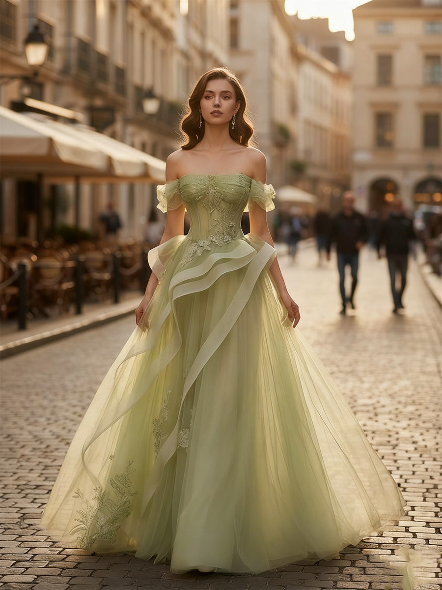 A-Line Off-the-Shoulder Appliques Lace Tulle Long Corset Prom Dress - FashionDia