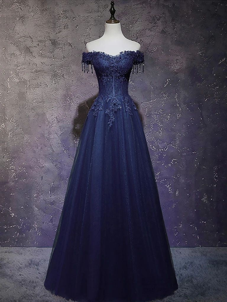 A-Line Off-the-Shoulder Navy Blue Prom & Evening Dress