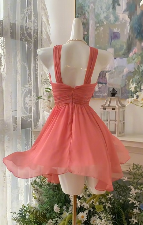 A Line Peach Chiffon Homecoming Dress Short Party Dress  J10979