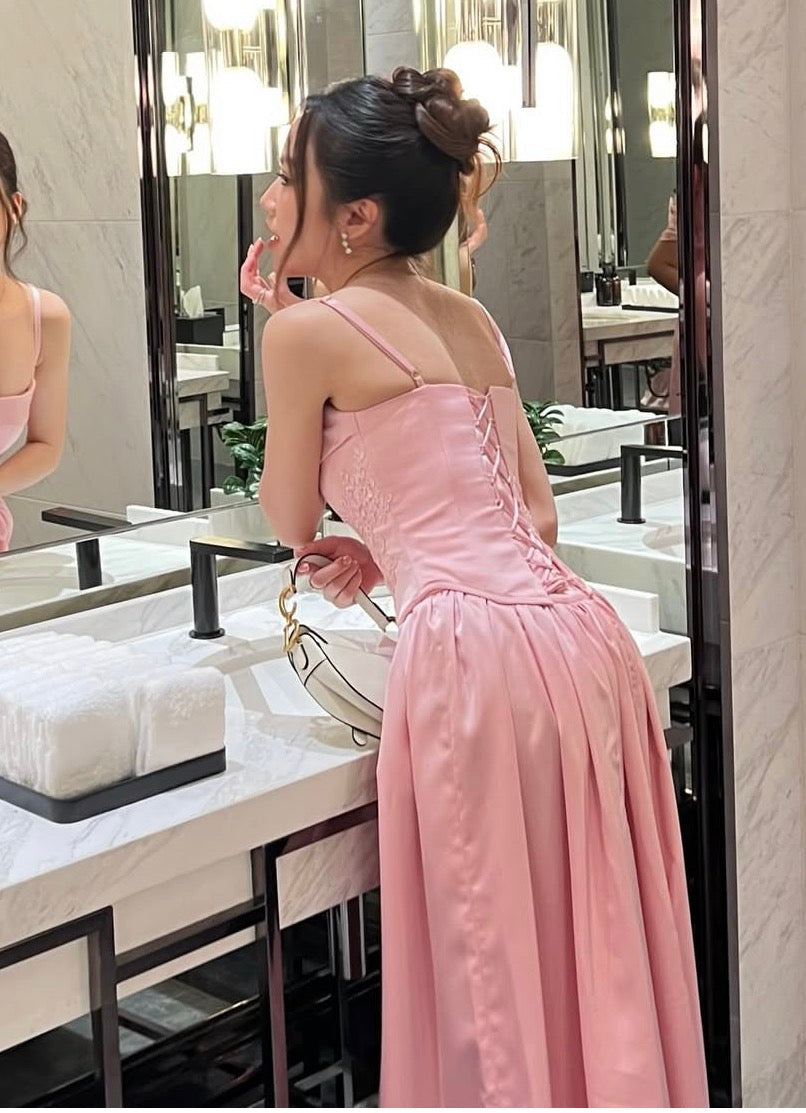 A-Line Pink Satin Prom Dress Corset Bridesmaid Dress