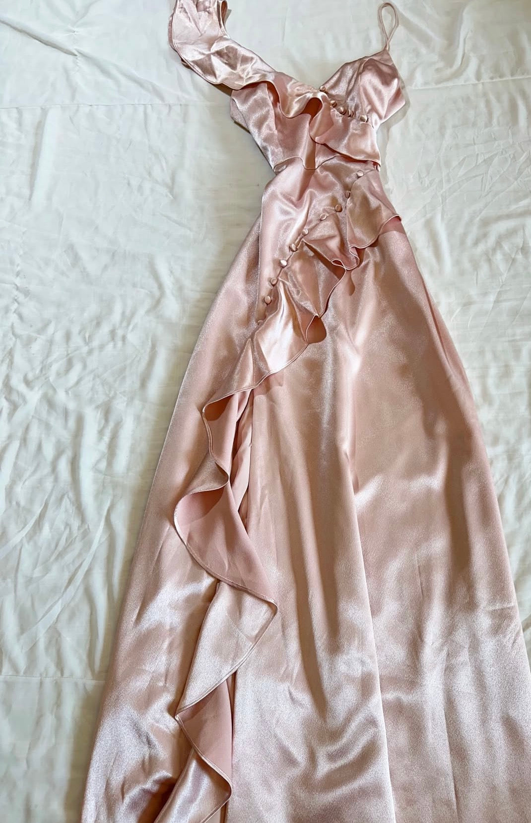 A-Line Pink Satin Ruffled Prom Dress Formal Evening Dress