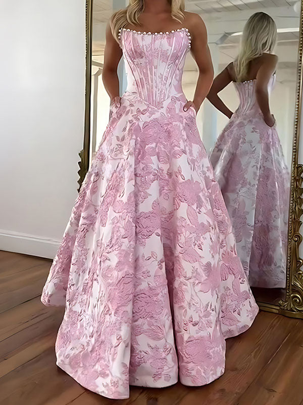 A-Line Prom Dresses 3D Floral Strapless Evening Party Dresses with Bead - FashionDia