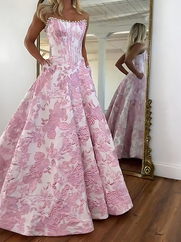 A Line Prom Dresses 3D Floral Strapless Evening Party Dresses with Bead