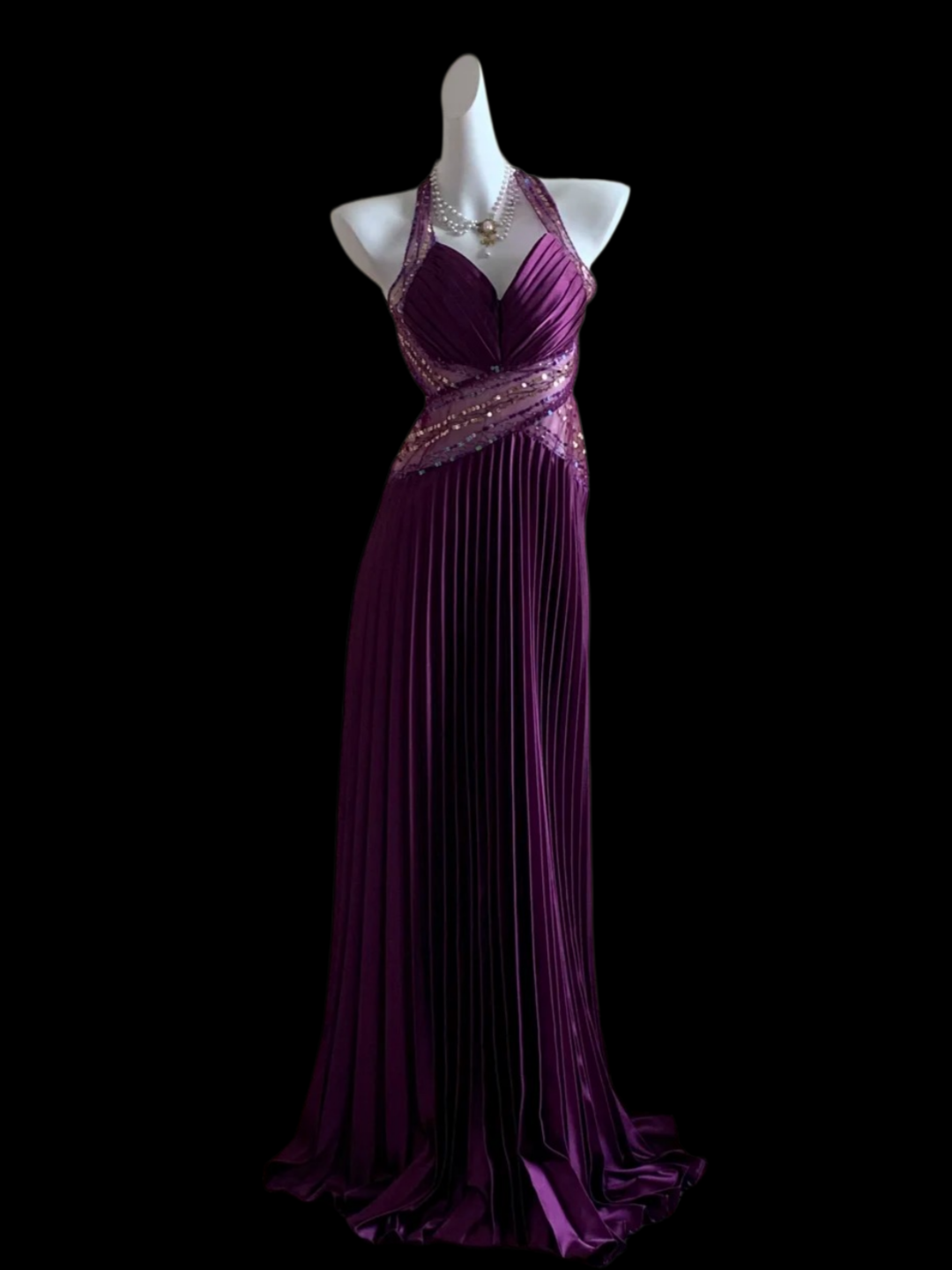 A-Line Purple Satin Prom Dress Pleated Open Back Evening Dress