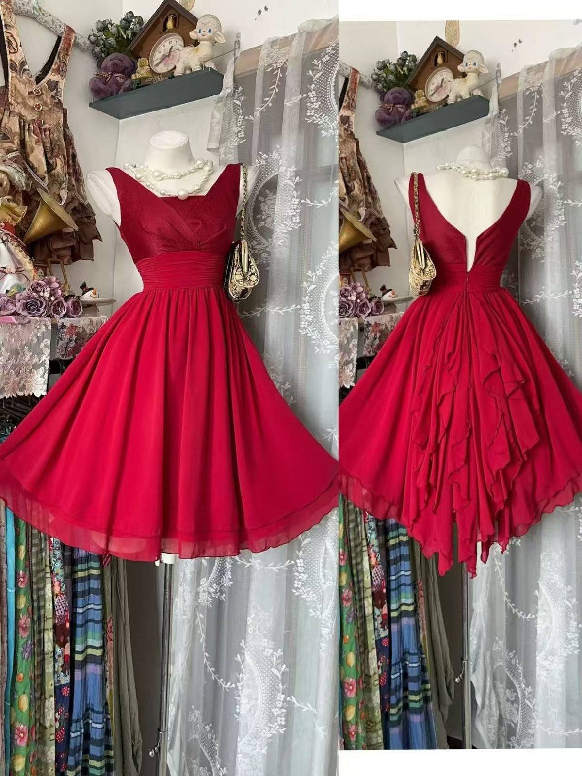 A-Line Red Chiffon Homecoming Dress Ruffled Birthday Party Dress
