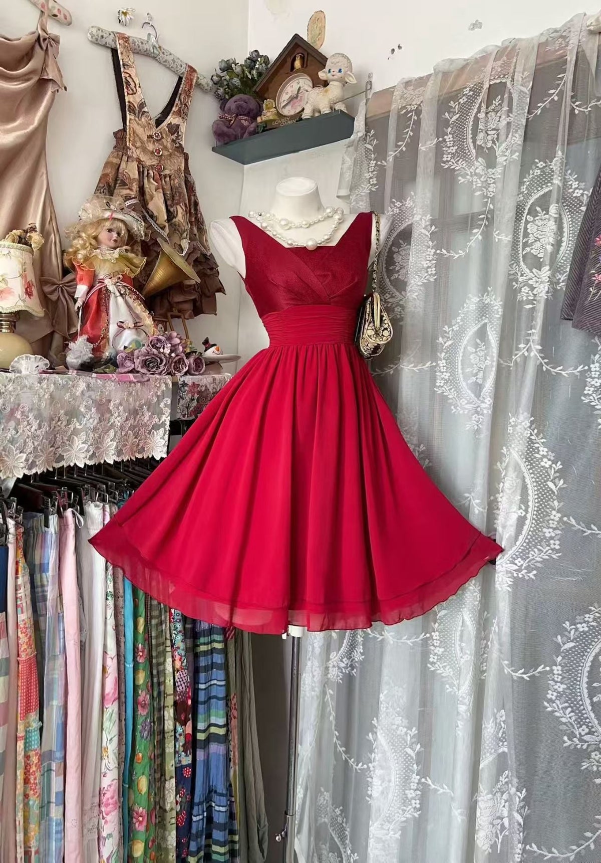 A-Line Red Chiffon Homecoming Dress Ruffled Birthday Party Dress