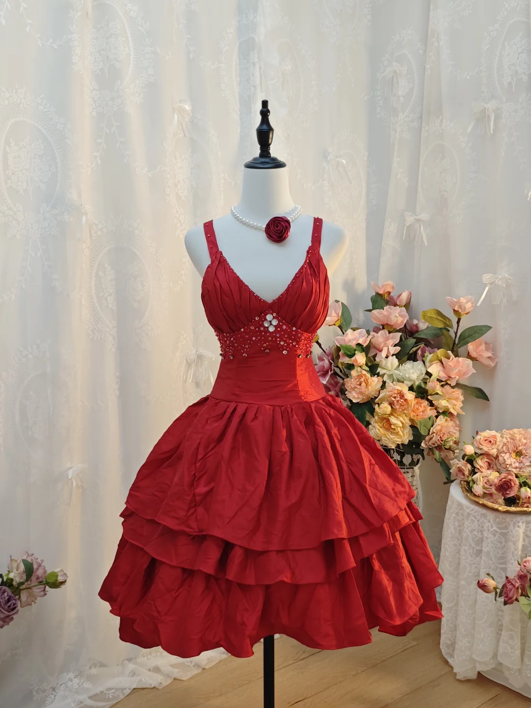 A-Line Red Short Birthday Dress Layered Homecoming Dress