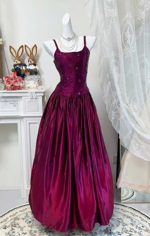 A-Line Retro Satin Prom Dress Fuchsia Evening Dress