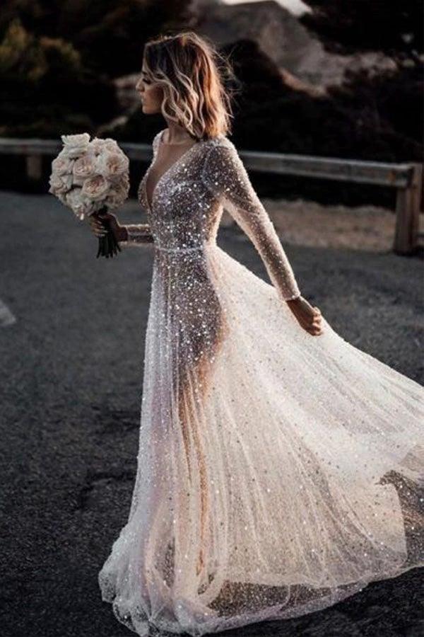A Line See Through Deep V Neck Long Sleeves  Sparkly Wedding Dresses (ZD16232)