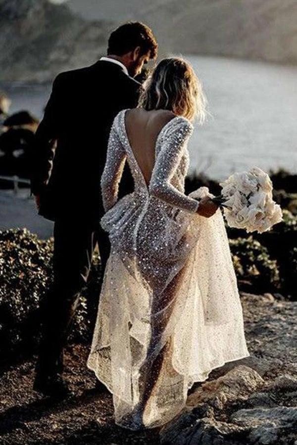 A Line See Through Deep V Neck Long Sleeves  Sparkly Wedding Dresses (ZD16232)
