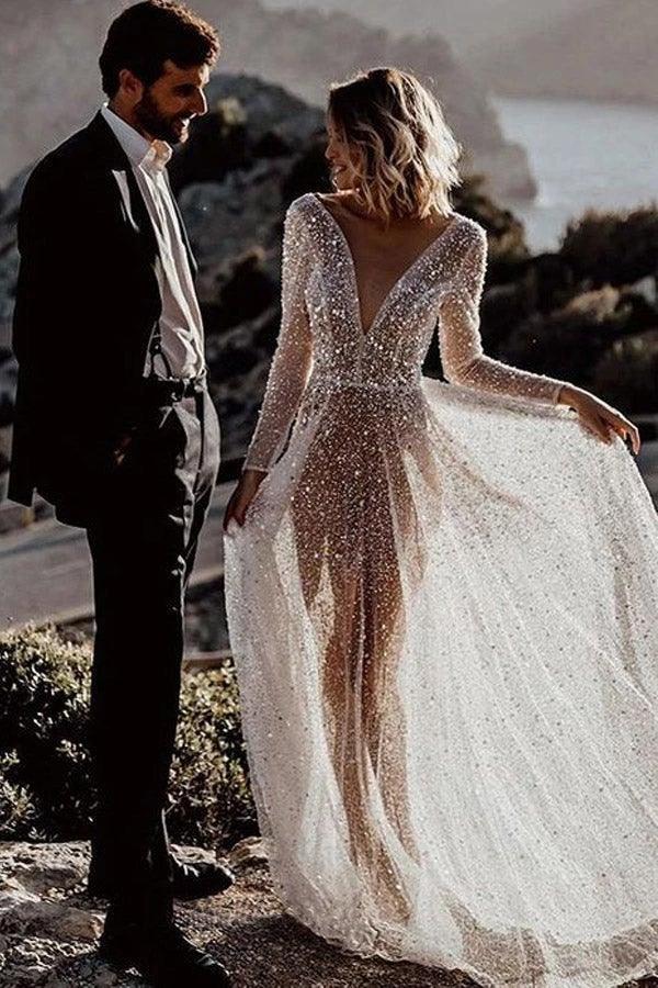 A Line See Through Deep V Neck Long Sleeves  Sparkly Wedding Dresses (ZD16232)