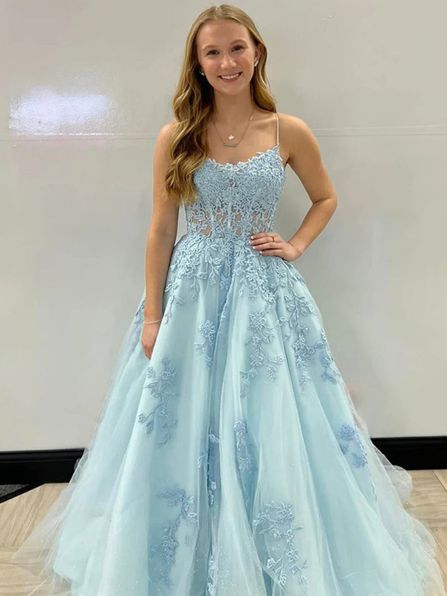 A-Line Spaghetti Straps Corset Back Long Prom Dress With Appliques - FashionDia