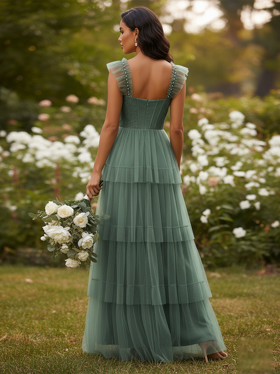 A Line Spaghetti Straps Floor Length Tulle Bridesmaid Dress