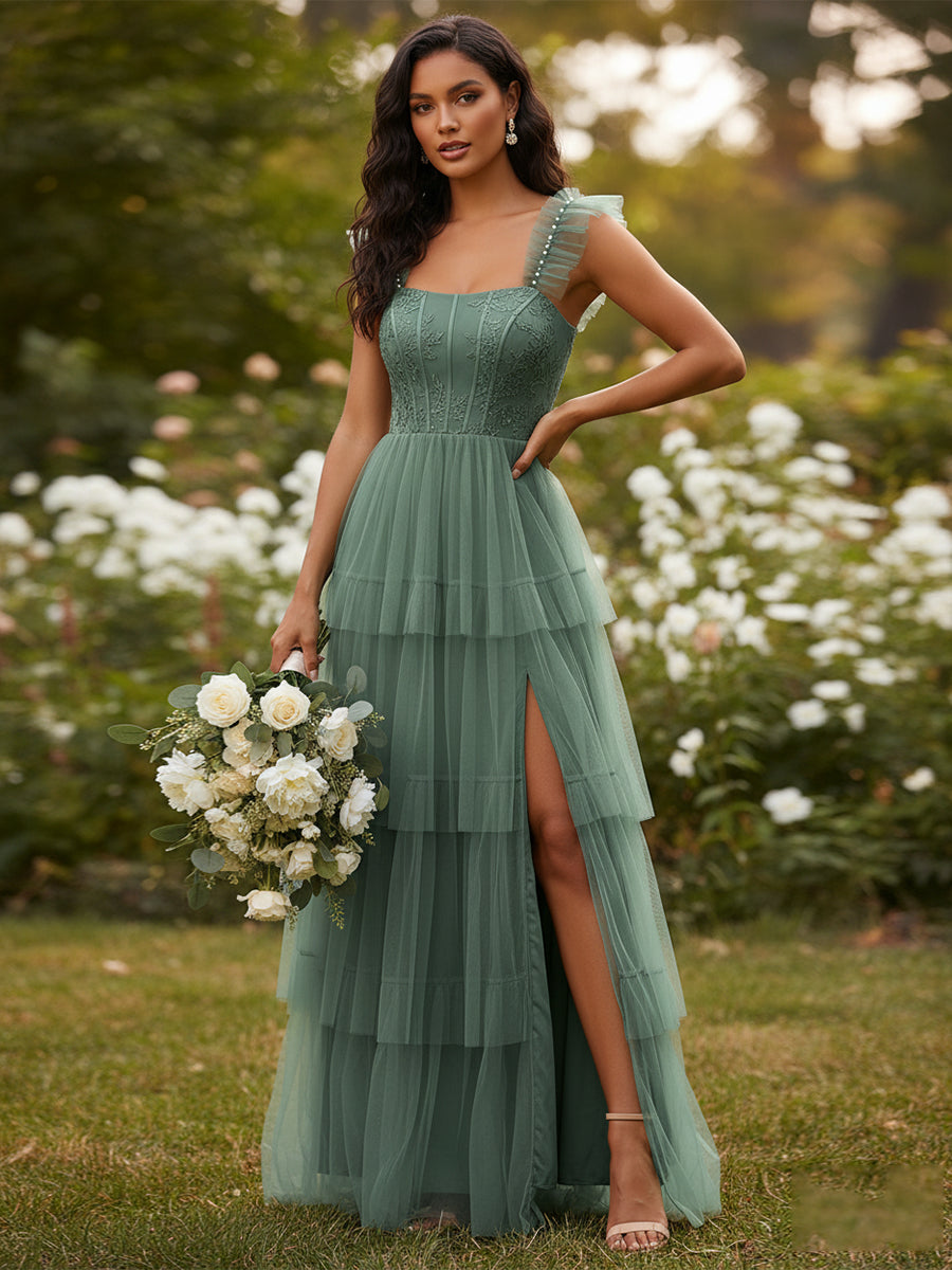 A Line Spaghetti Straps Floor Length Tulle Bridesmaid Dress