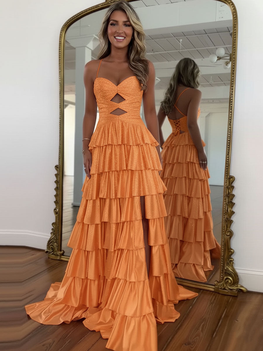 A-Line Spaghetti Straps Sweetheart Satin Long Prom Dress with Keyhole - FashionDia