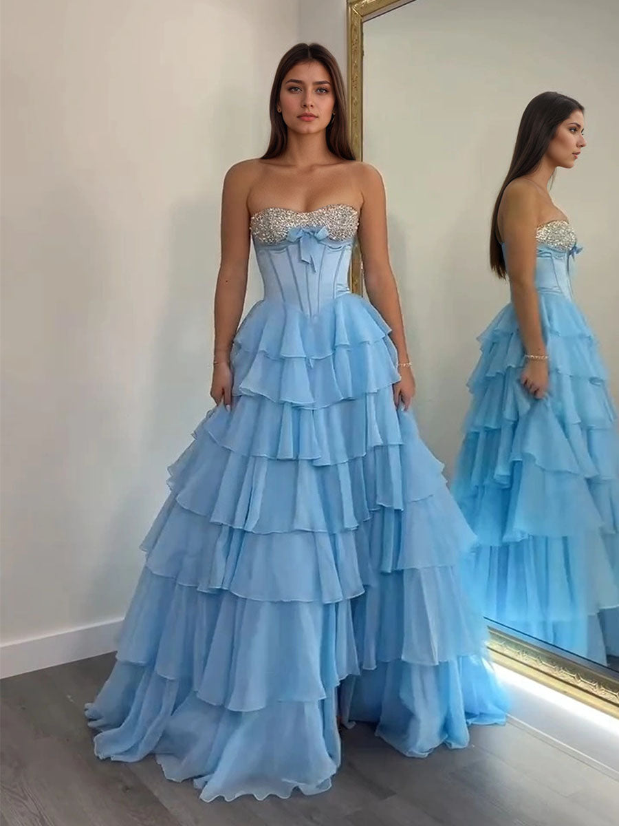A-Line Sweetheart Tiered Chiffon Long Prom Dress with Beading - FashionDia