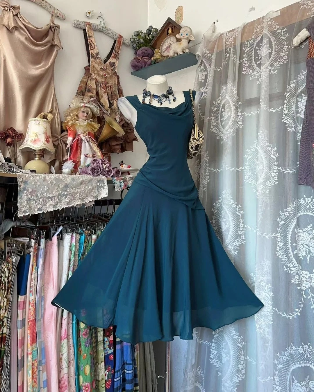 A-Line Teal Retro Homecoming Dress Chiffon Party Dress
