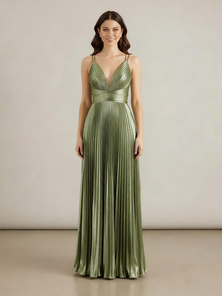 A-Line V-Neck Long Prom Dresses with Pleated - FashionDia