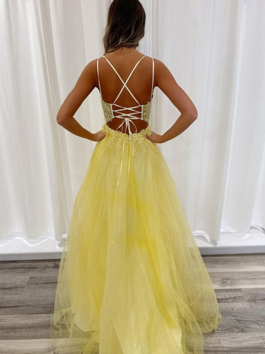 A Line V Neck Backless Lace Long Prom Dress