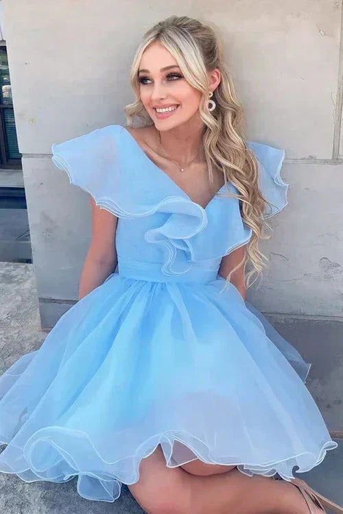 A Line V Neck Organza Ruffles Homecoming Dress SYH105 by vivymakudress