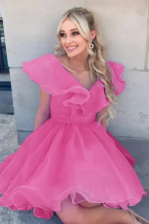A Line V Neck Organza Ruffles Homecoming Dress SYH105 by vivymakudress