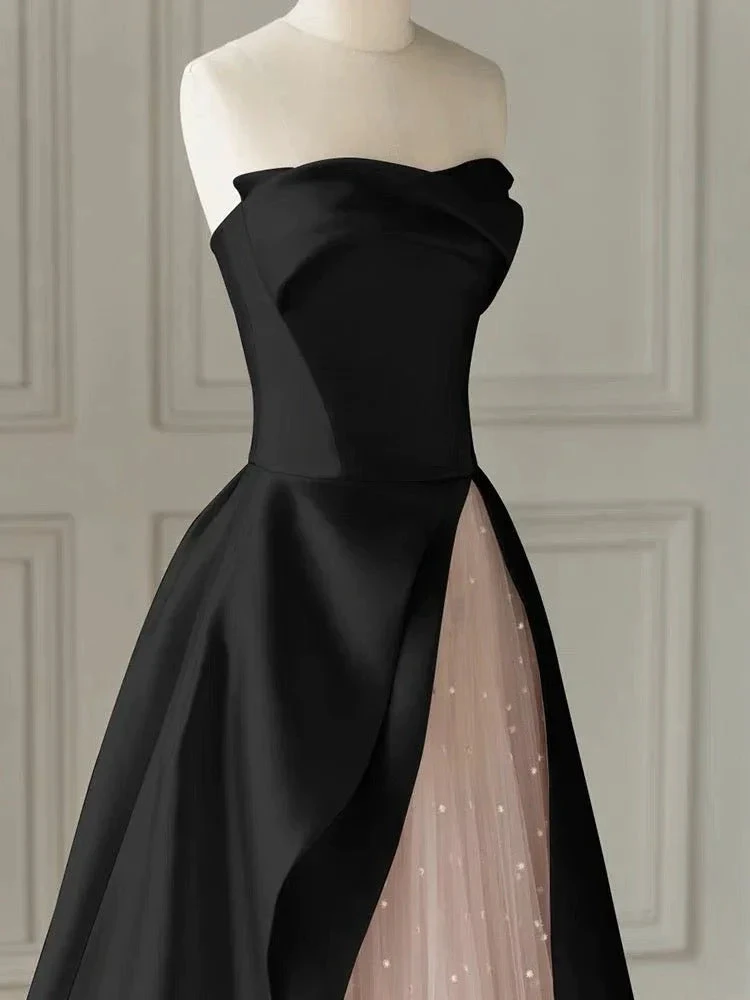 Black Strapless High-Slit Evening Dress With Gauze - Gothic Wedding Dress (ZD13627)