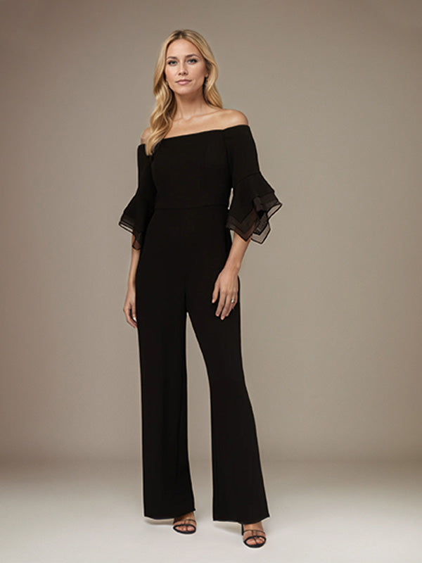 Black Chiffon Off the Shoulder 1/2 Sleeves Separates Jumpsuit/Pantsuit Mother of the Bride Dress