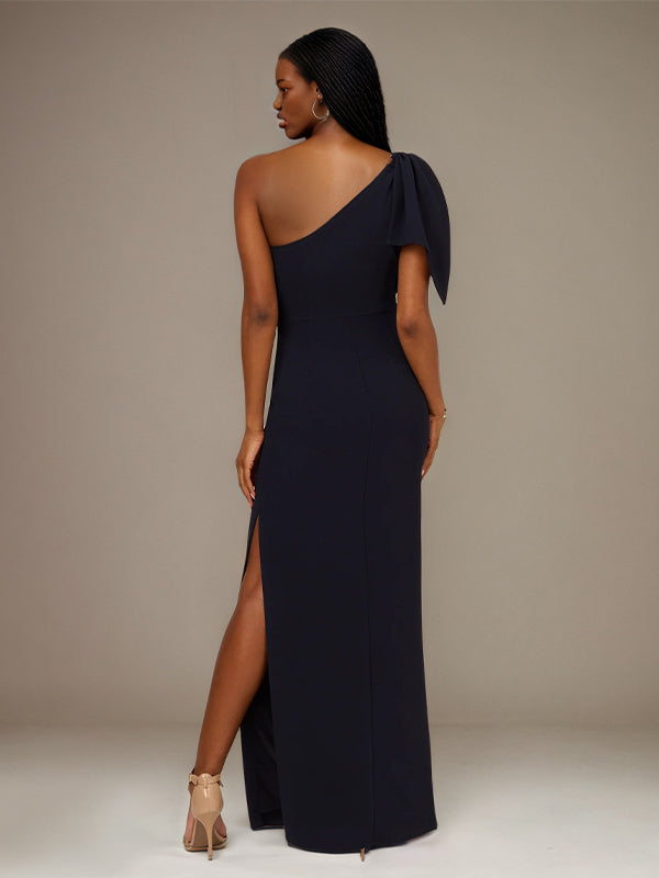 Black Stretch Crepe One Shoulder Sleeveless Floor Length Dress With Bow