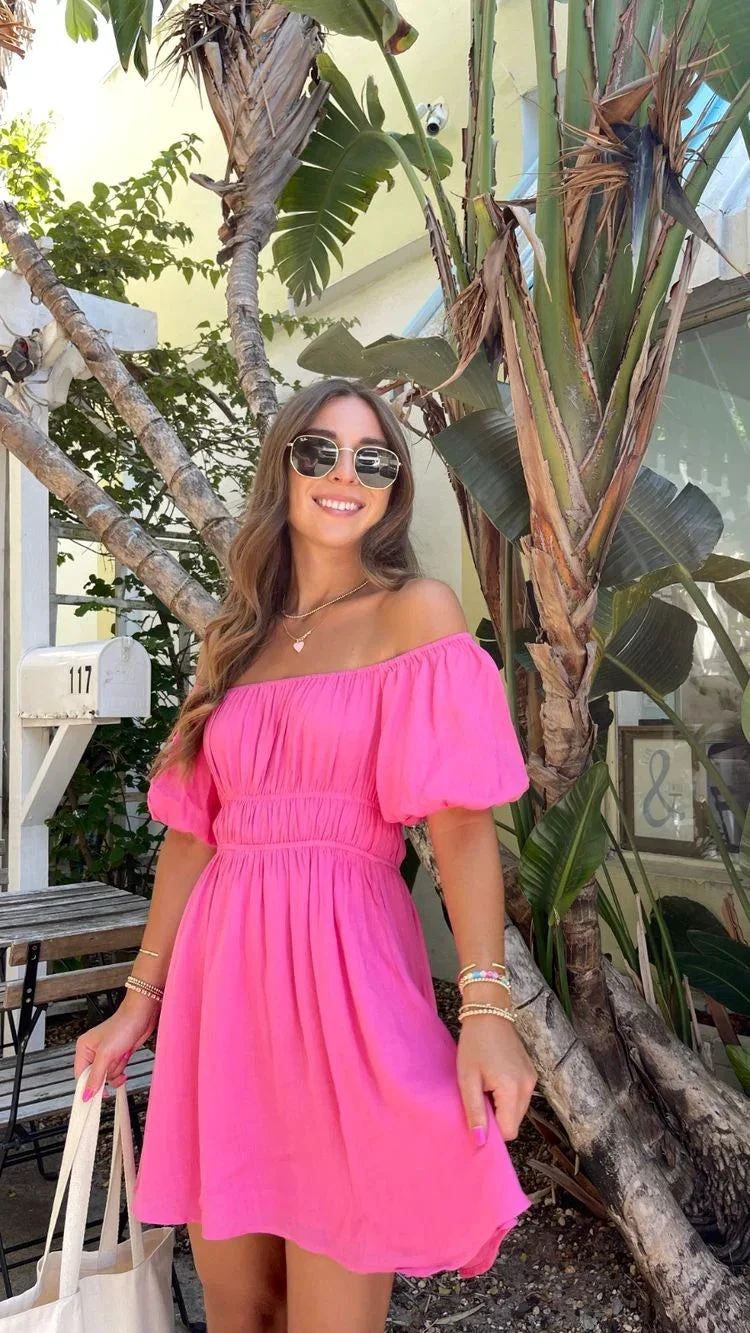 Hot Pink A-line Homecoming Dress with Puff Sleeves Summer Dress (ZD11912)