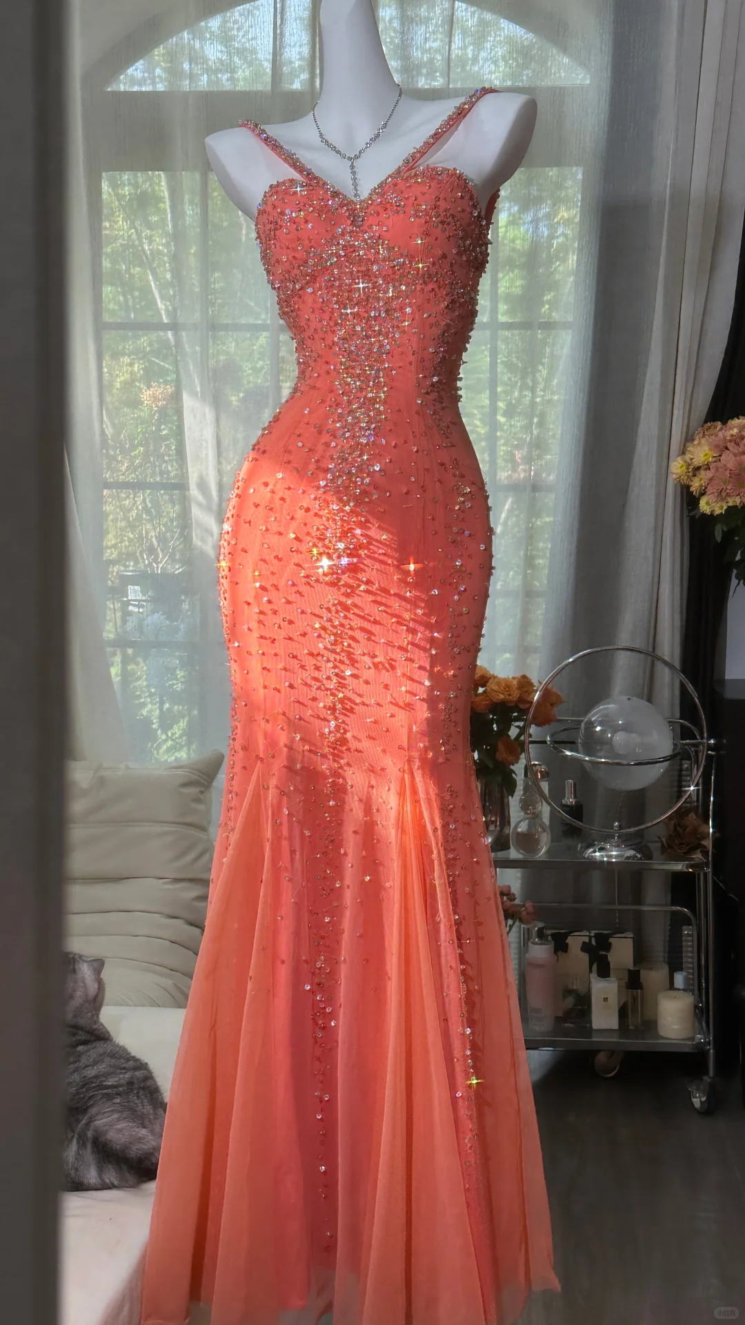 Sparkly Spaghetti Straps Orange Chiffon Beaded Mermaid Evening Dress Long Party Dress