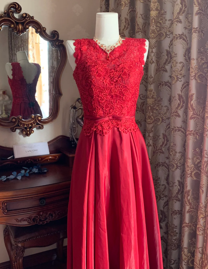Vintage Red Sleeveless Lace Satin A Line Long Paery Dress Birthday Prom Dress