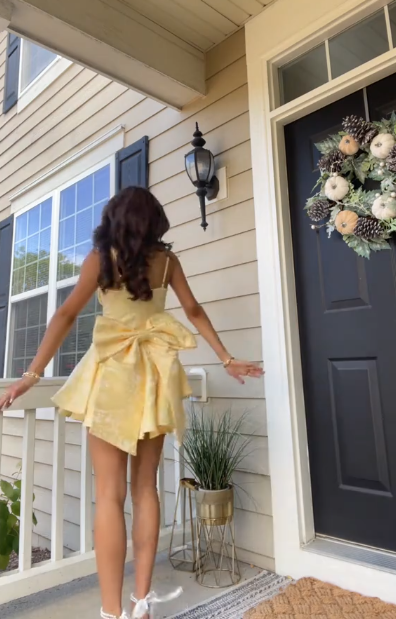 Cute Yellow Satin Print Floral A Line Short Party Dress Formal Homecoming Dress With Bow