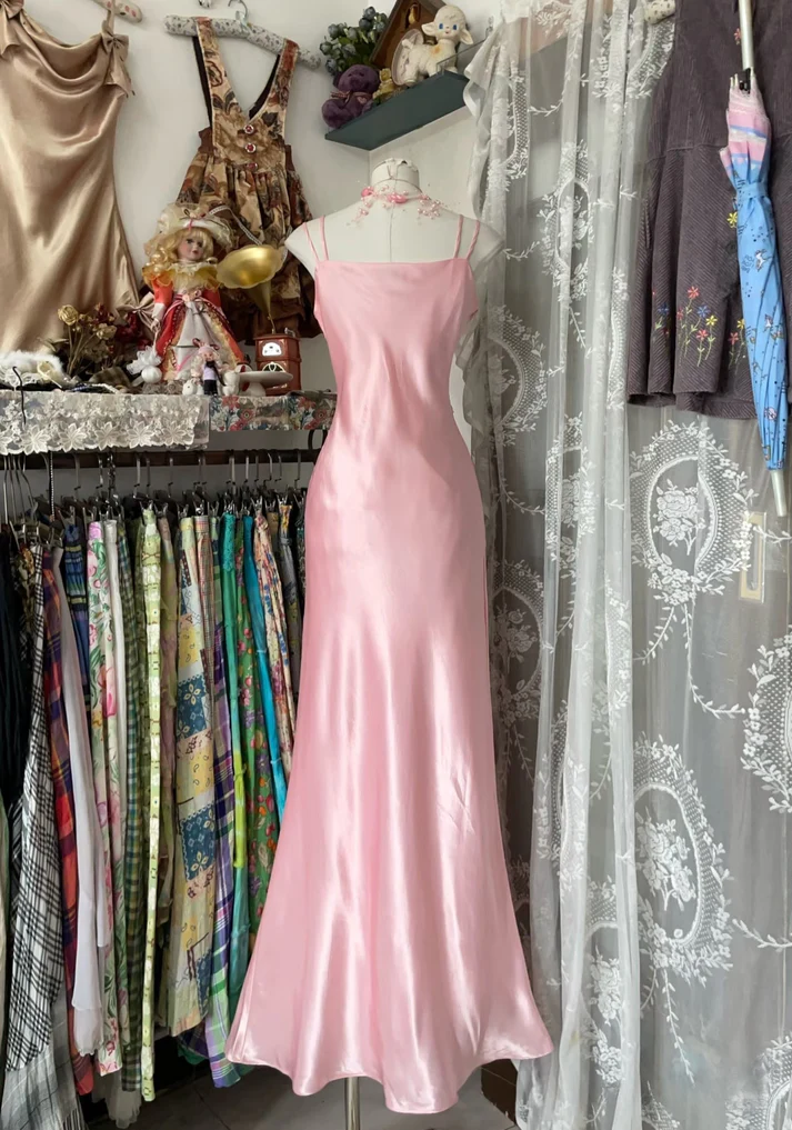 Chic Pink Spaghetti Straps Satin Mermaid Prom Evening Dress Y8104 - View 3 | VelvetHem