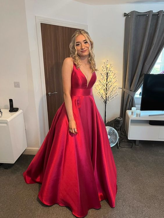 A-Line V Neck Floor-Length Red Evening Dress Y6035 - VelvetHem