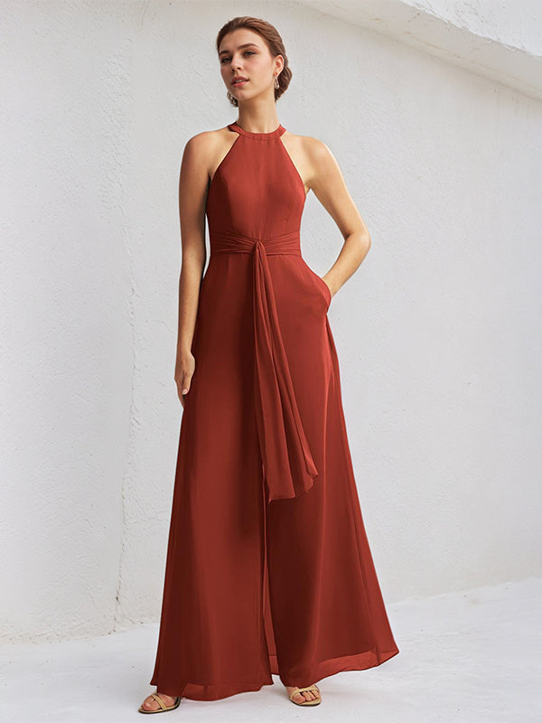 Rust Chiffon A-Line Halter Neck Sleeveless Floor-Length Bridesmaid Dress - FashionDia