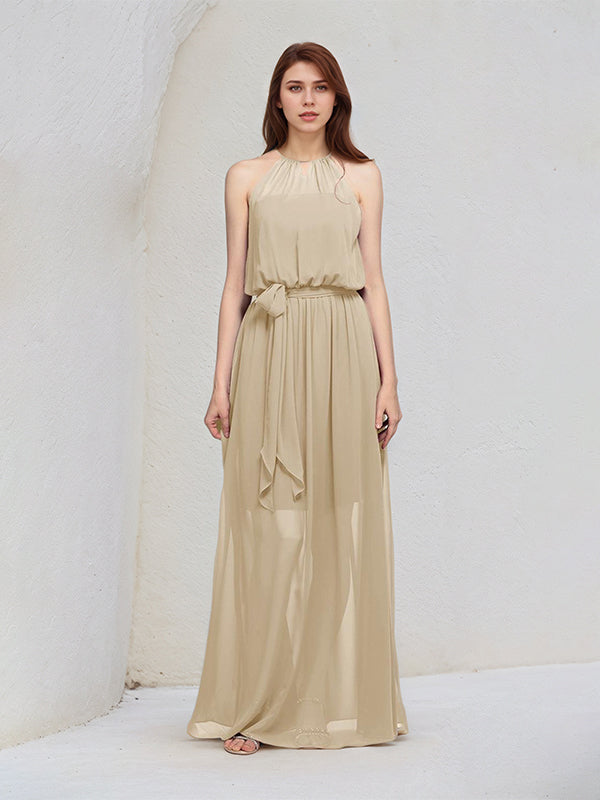 Champagne A Line Chiffon Halter Neck Sleeveless Floor Length Bridesmaid Dresses