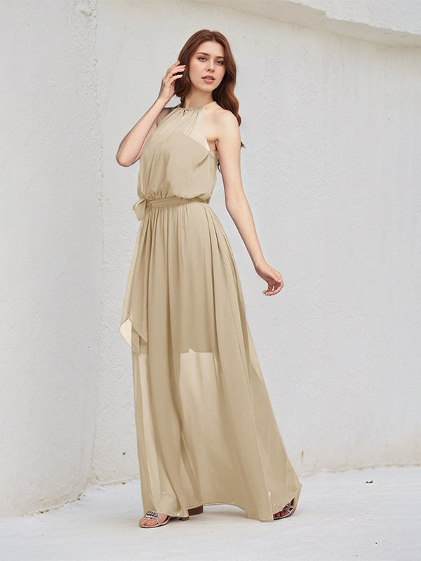 Champagne A Line Chiffon Halter Neck Sleeveless Floor Length Bridesmaid Dresses
