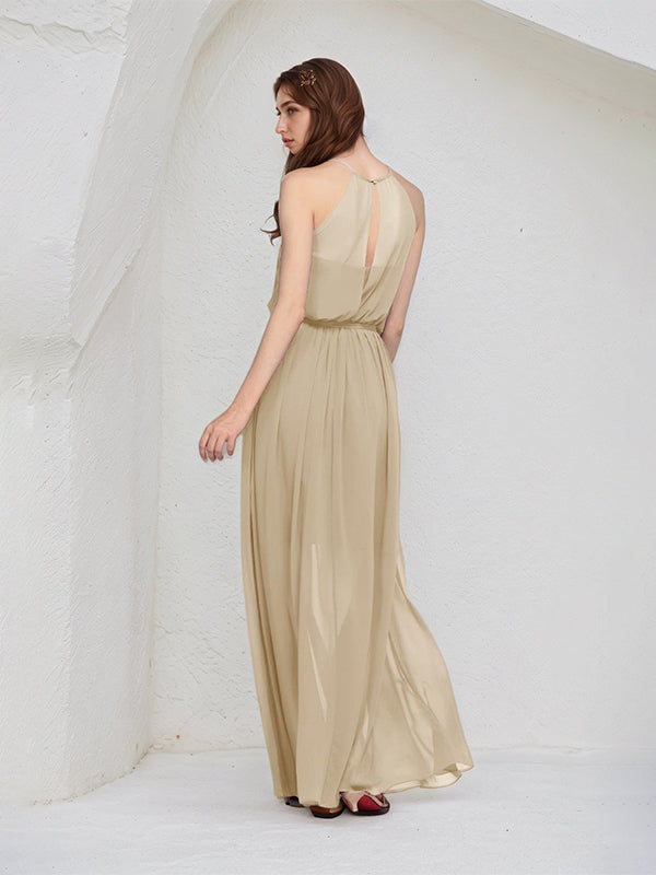 Champagne A Line Chiffon Halter Neck Sleeveless Floor Length Bridesmaid Dresses