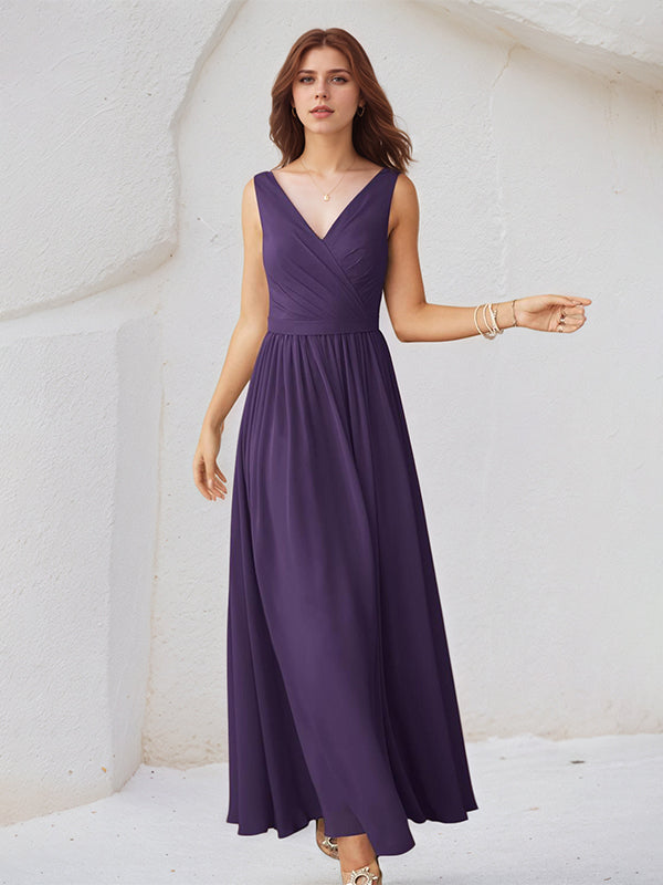 Regency A Line Chiffon V Neck Sleeveless Floor Length Bridesmaid Dresses